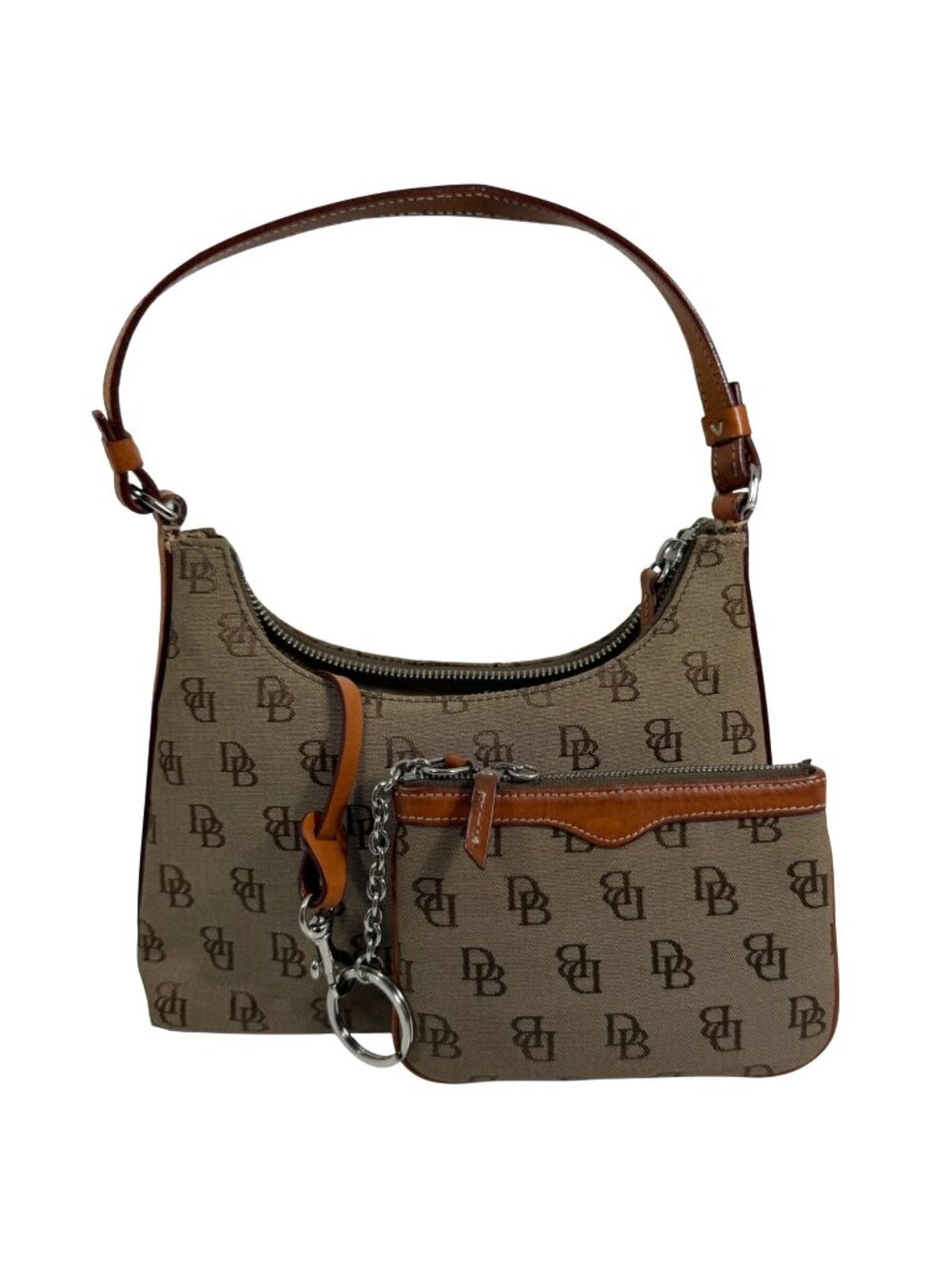 Dooney Bourke Tan Canvas Monogram Hobo Purse Leather Strap + Wallet